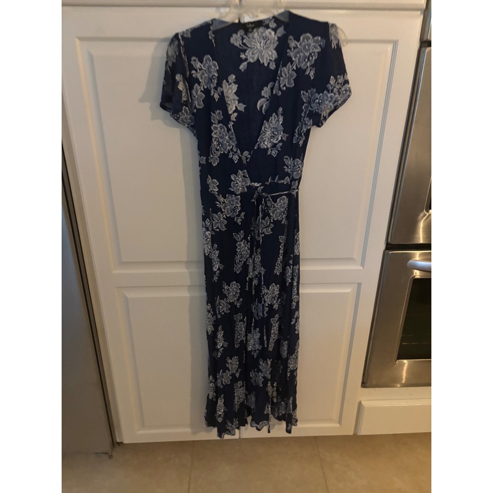 Lulus Navy Blue Floral Maxi Wrap Dress Short Sleeve V-Neck Rayon XS